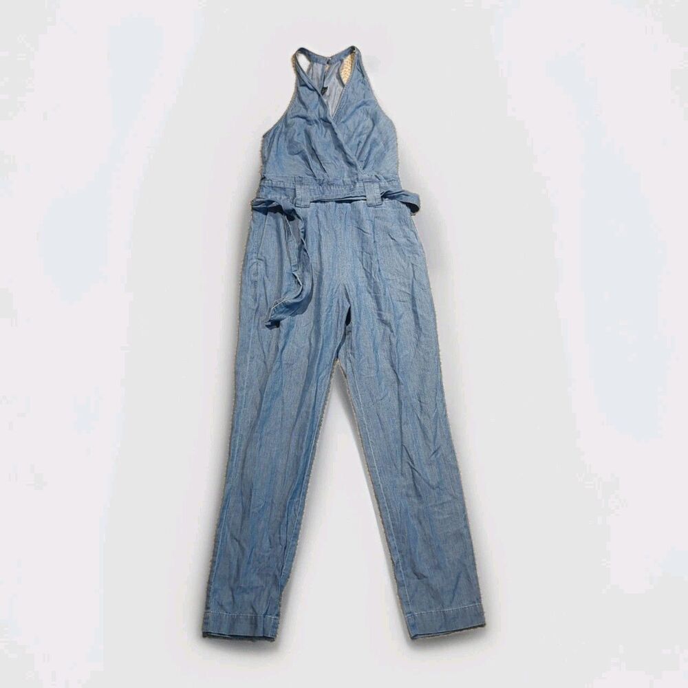 Express Denim Chambray Jumpsuit Womens 0 Wrap Sleeveless Halter Belted
